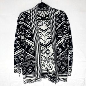 5/$25 California Moonrise Black White Multi Print Knit Open Front Cardigan M